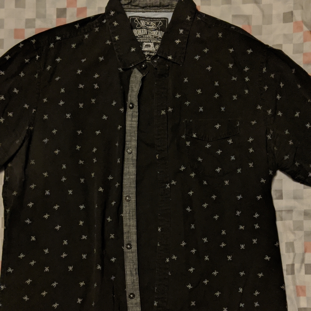 Black button down shortsleeved with spiders